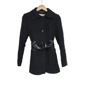 Via Spiga Black Wool Blend Faux Leather Trim Belted Coat Size 4